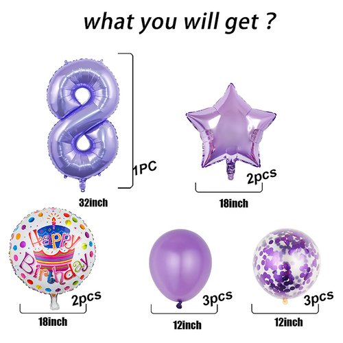 Balloons, 11 pcs Foil Balloons 8 Year Old for 8th Birthday Party Supplies Decoration， Confetti Balloon Kids Party Balloons Birthday Party Supplies 8 Years Old Birthday Balloon for Kids (8th, Purple)
