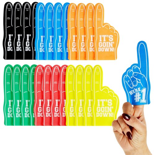 Okuna Outpost 24-Pack Mini Foam Fingers for for Sports-Themed Birthday, Mini Party Favors, Game Day Supplies, Mini Foam Hand Fingers It's Going Down, We're #1 (6 Colors, 5.5 in)