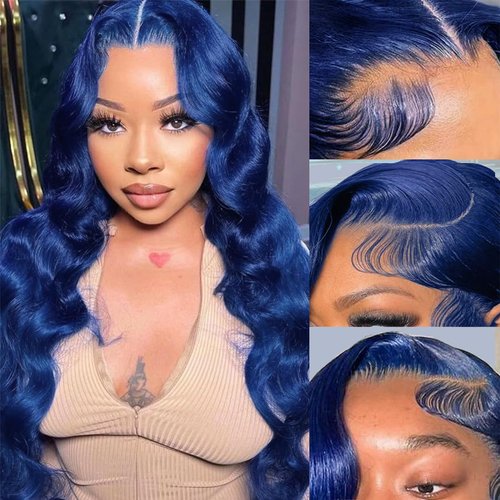 Blue Lace Front Wigs Human Hair Body Wave Wig 13x4 HD Transparent Lace Frontal Blue Wig Human Hair Pre Plucked With Baby Hair 180% Density Dark Blue Colored Glueless Wigs for Black Women 26 Inch