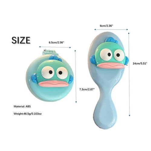 Candy Coloer Cute Cartoon Air Cushion Comb Set for Adults & Kids Hair - Detangler Brush for Natural, Curly, Straight, Wet or Dry Hair, Foldable Mirror Included (Blue (Fold + Hand))