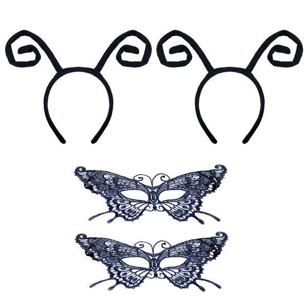 YAXAMING 4 Pcs Halloween Butterfly Antenna Headband Lace Mask Black Hair Hoops Masquerade Mask Animal Headpiece Hairband Hair Bands Women Cosplay Festival Parade Dress Up Birthday Party Accessories