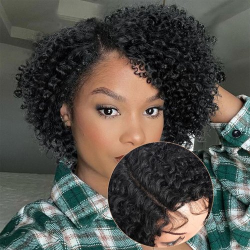 N BLE STAR 5inch Side Part HD Lace Front Wigs 10" Wear and Go Glueless Wigs Human Hair 180% Density Brazilian Virgin Hair Kinky Curly Lace Front Wig Natural Black