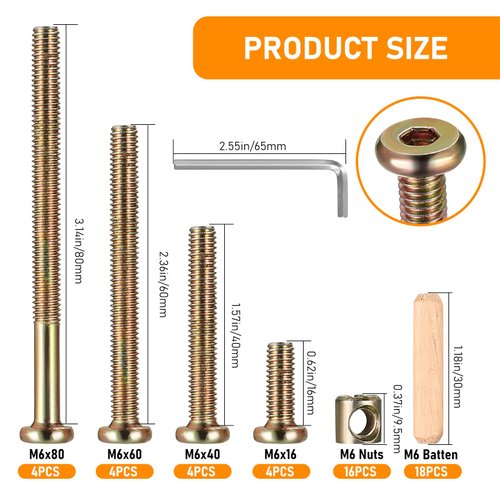 XhjzgcTech 16-Set Crib Screws Replacement Kit,Bolts & Barrel Nuts & Wooden Dowels, Hex Socket Head Cap Screws Nuts for Headboards Furniture，Wooden Double beds Replacement Kit