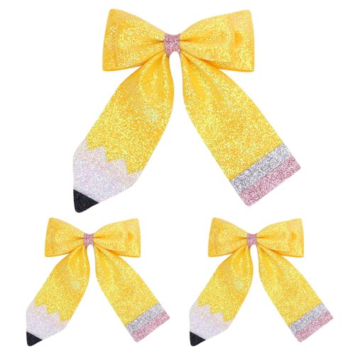 3PCS Back to School Bows Pencil Hair Clips, IKOLA Glitter Leather Yellow Pencil Hair Bows First Day of School Hair Accessories for Girls Toddler Kids Teacher