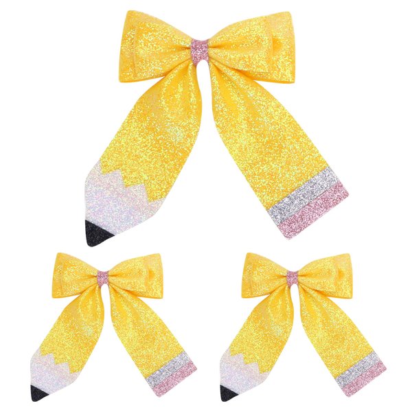 3PCS Back to School Bows Pencil Hair Clips, IKOLA Glitter Leather Yellow Pencil Hair Bows First Day of School Hair Accessories for Girls Toddler Kids Teacher