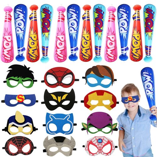 SSZS 24 Packs Superhero Party Favors Birthday Party Supplies Includes 12 Pack Pow Inflatable Baseball Bat 12 Pack Superhero Mask Boy Girl Toy Carnival Prize Superhero Party Prizes for Kids