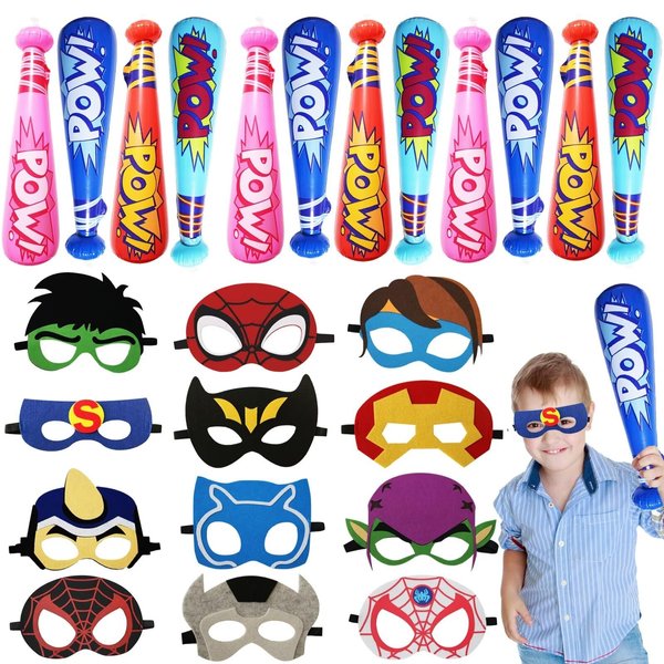 SSZS 24 Packs Superhero Party Favors Birthday Party Supplies Includes 12 Pack Pow Inflatable Baseball Bat 12 Pack Superhero Mask Boy Girl Toy Carnival Prize Superhero Party Prizes for Kids