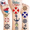 8 Sheets (96PCS) Nautical Anchor Temporary Tattoos Theme Birthday Party Decorations Supplies Favors Stickers for Kids Adults Boys Girls Gifts Classroom School Prizes Rewards