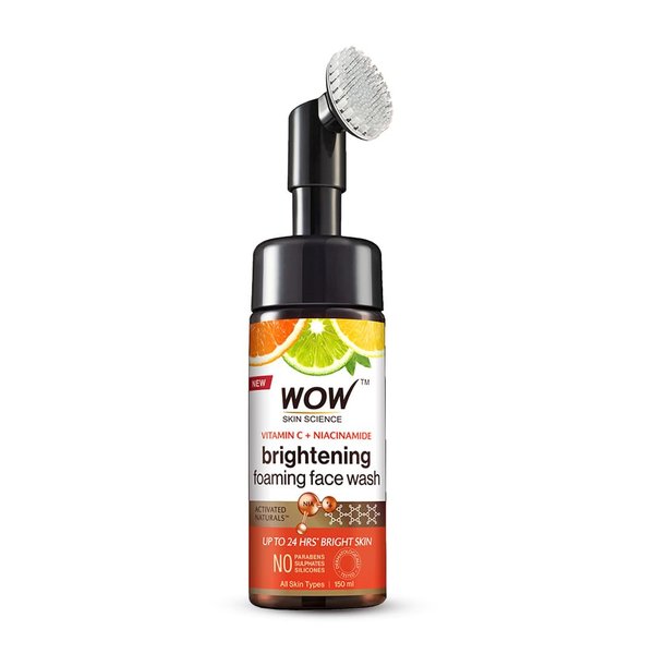 WOW Skin Science Vitamin C Exfoliating Face Wash With Brush, Soft, Silicones Bristles, Foaming Cleanser For All Skin Type, Hydrate For Smooth Skin, Helps Remove Blackheads, Reduce Acne Breakout, 100ml