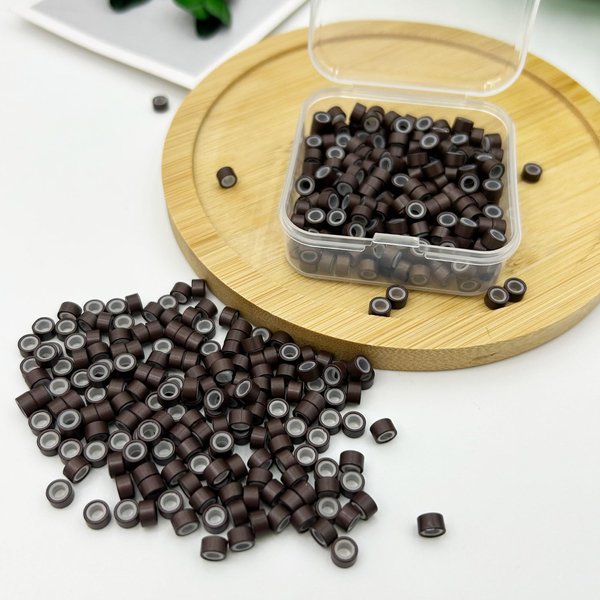 Silicone Hair Extensions 200pcs Micro Link Beads 5mm for Hair Extensions, 5mm Silicone Lined Beads for Human Micro Link Rings Hair Extensions Tool(Brown, 200pcs)