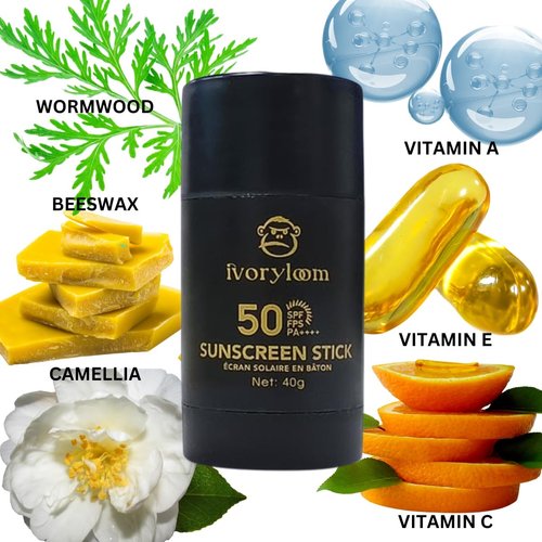 Ivoryloom Sunscreen Stick SPF 50 | Broad Spectrum UVA/UVB Protection | Zinc Oxide | Camellia, Wormwood, Beeswax, Vitamins A, C & E | Perfect For DRY SKIN | Organic | Water Resistant |1.41 OZ