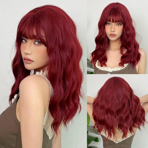 GOWIT Red Wigs for Women 14 Inch Long Wavy Wig Glueless Middle Part Curly Wavy Wigs Natural Looking Heat Resistant Synthetic Wig for Halloween Christmas Daily Cosplay Party Use