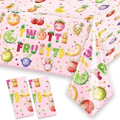 2 Pcs Twotti Frutti Tablecloth Summer Fruit Two Years Old Table Covers for Luau Fruit Lemon Watermelon Pineapple Strawberry Theme Girls 2nd Birthday Party Decorations Supplies