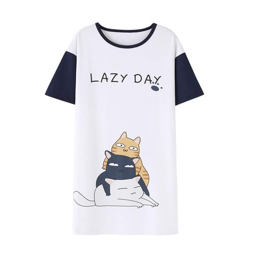 Hupohoi Big Girls' Short Sleeve Nightgown Lovely Cats Lazy Day Printed Sleep Dress PJS Navy, 12(US 8-11 Years)