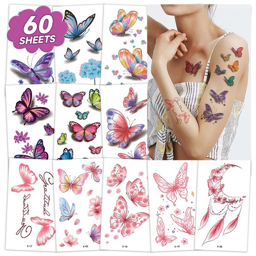 EMOME 240+ Styles Butterfly Tattoos for Women Kids, Adult Tattoos Temporary for Butterfly Birthday Decorations, Kids Tattoos for Butterfly Party Decorations Favors Supplies (60 sheets)