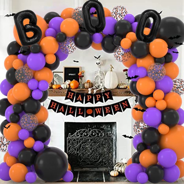 Janinus Halloween Balloon Garland Kit Black Orange Purple Confetti Balloons Arch 132PCS Halloween Decorations With 3D PVC Bats, Letter Foil Balloons,Happy Halloween Banner for Halloween Party Supplies