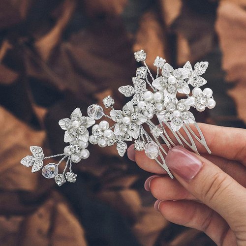 Yean Flower Bride Wedding Hair Comb Silver Crystal Bridal Hair Piece Pearl Hair Accessories for Women and Girls