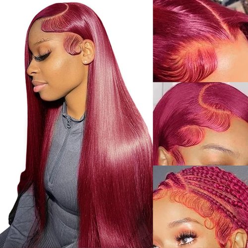 Indono Burgundy Lace Front Wigs 26Inch Human Hair Straight 13x4 HD Lace 99J Glueless Wigs Human Hair Pre Plucked with Baby Hair 150% Density Natural Hairline Transparent Lace Front Wig for Women
