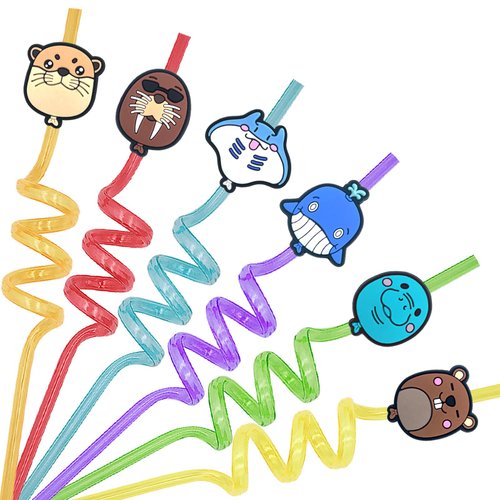 WAKLYVER BalloonMon 24pcs Crazy Straws for Kids, Kids Straws for Birthday Party Supplies, Silly Sea and Ocean Animal Party Straws, Summer Pool and Beach Party Decorations, End of Year Student Gifts