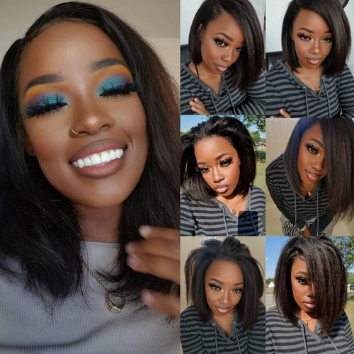 RHAH Ready to Wear Glueless Wigs Human Hair Kinky Straight 13x6 HD Lace Front Wigs for Black Women 10 Inch Bob Wigs with Baby Hair Pre Plucked Bleached Knots 150% Density Yaki Straight Human Hair Wig