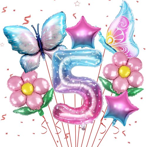 Butterfly Balloon 5th Birthday Decorations,Butterfly Balloons Colorful Gradient Pink Butterfly Foil Mylar Balloon for Fairy 5th Birthday Party Decorations Girl Party Supplies Baby Shower