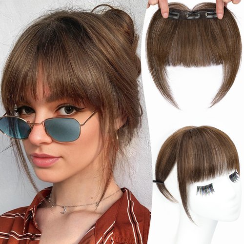 KooKaStyle Clip in Bangs, Bangs Hair Clip 100% Real Human Hair Bangs Cosplay Hairpieces,Fake Bangs Natural Thick Volume Clip on Bangs for Women (Light Brown)