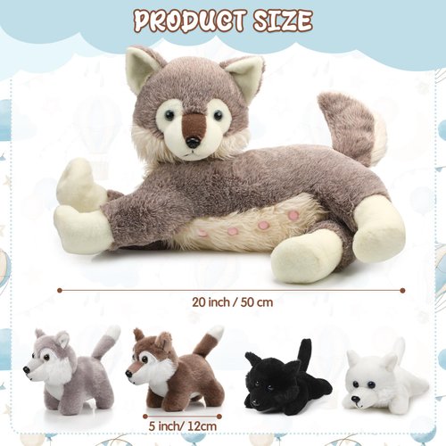 Motionchic 5 Pcs Christmas Wolf Stuffed Animals Set 20 Inch Mommy Wolf Plush with 4 Magnetic Baby Wolves in Her Zippered Tummy Soft Cuddly Wolf Plushie Gifts for Boys Girls Xmas Birthday Favors