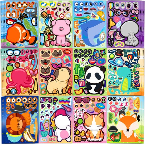 YAMIOW 48 Sheets Animal Make-a-face Sticker for Kids, Make Your Own Animals Mix and Match Sticker Sheets Kids Birthday Party Favor Supplies Art Craft