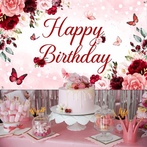 Avezano Floral Happy Birthday Banner for Women Girls Rose Gold Red Floral Birthday Party Decorations for Women Burgundy Floral Birthday Party Supplies Banner 70.8 x 43.3 Inch