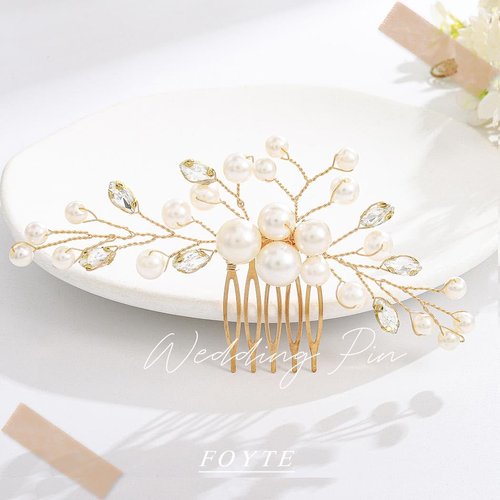 Foyte Wedding Pearl Hair Comb Bridal Rhinestone Hair Clip Gold Crystal Hair Piece Bridesmaid Hair Accessories for Women and Brides
