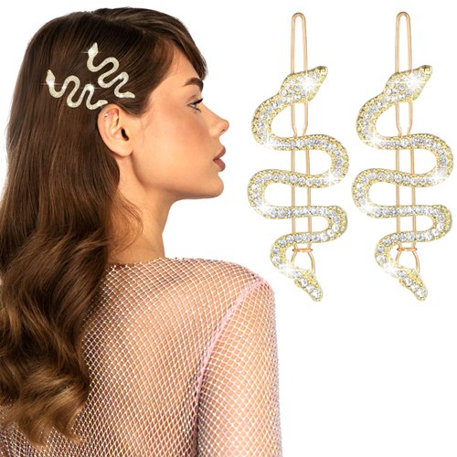 2PCS Snake Hair Clip Sparkly Rhinestones Snake Hair Pins, Alloy Crystal Snake Hair Party Snake Headband and Headpiece Accessories Headdress for Women Girls (Gold)