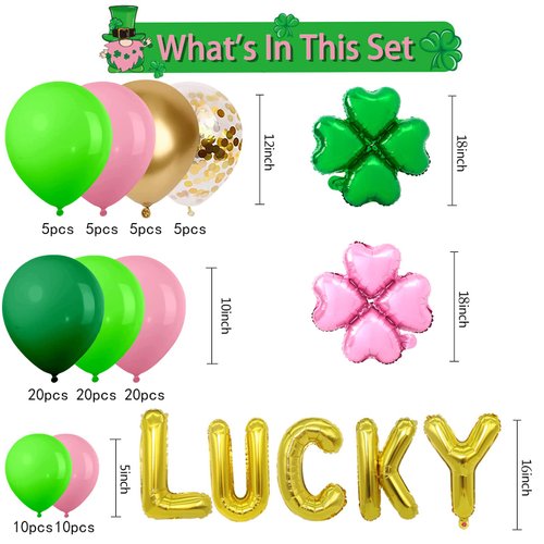 St. Patrick's Day Balloon Garland Arch Kit LUCKY Foil Balloons Pink leaf clover foil balloon for St. Patrick's Day Party Decorations Irish Birthday Party Supplies