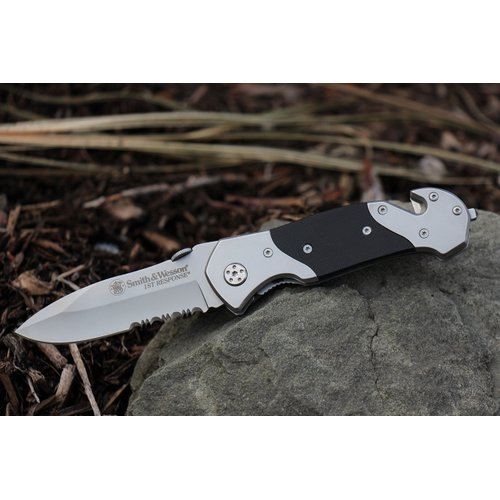 Smith & Wesson SWFRS 8in High Carbon S.S. Folding Knife with 3.3in Drop Point Serrated Blade and S.S. with G-10 Inlay Handle for Outdoor, Tactical, Survival and EDC