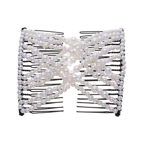 LOVEF 4Pcs Double Magic Slide Metal Comb Clip Hairpins Vintage Pearl Bead Stretchy Hair Combs for Women Ladies Hair Accessories Gift (Coffee)