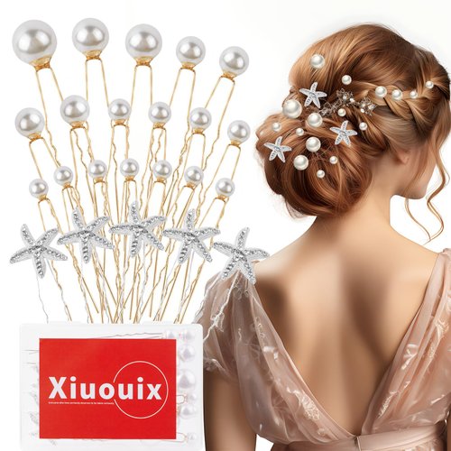 Xiuouix Pearls bobby Pins,23 Pcs Pearl Hair Accessories,Pearl Hair Pins,U Shape Pearl Hair Pins for Bride and Bridesmaid Styling (Single Pearl Hair Pins and Starfish Hairpin) (A-Gold)