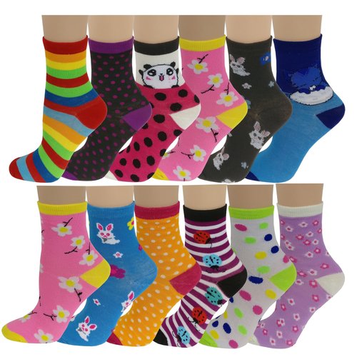 Different Touch 12 Pairs Pack Kids Girls Colorful Creative Fun Novelty Design Crew Socks (6-8, Pretty)