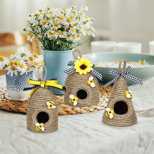 Bee Hive Decor,3 Pack Bumble Bee Rustic Decor Hive,Natural Bee House, Bumble Bee Theme Party Decor Spring Summer Rustic Farmhouse Kitchecn Table Tiered Tray Decor