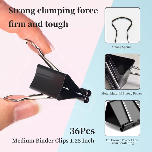 Medium Binder Clips, 36 Pack, 1-1/4 Inch, Standard 32mm, Black, Capacity 0.6 Inch, 1.25 Inch Medium Clips, Fold Clamp, Office Supplies