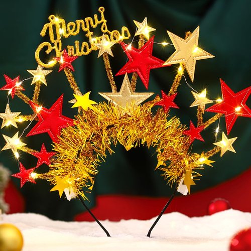 Urieo Christmas Star Light up Headband Gold Glitter Ribbon Headbands with LED Lights Costume Party Hair band for Women