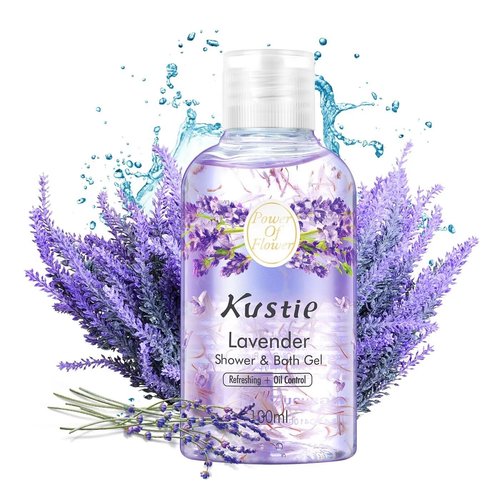 KUSTIE Travel Size Body Wash, Shower Gel, Body Wash Women With real Lavender petals, Deep Moisture For Dry Skin, 24hr Renewingr Mild and Lasting Fragrance (3.38oz)