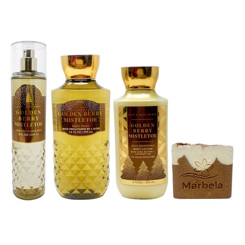 Bath & Body Works Golden Berry Mistletoe - Trio Gift Set - Fine Fragrance Mist, Body Cream, Body Wash and Body Lotion With a Yamma Jamma Bar Soap., brown