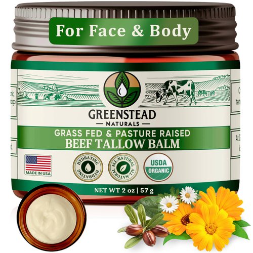 Greenstead Naturals Grass Fed Beef Tallow for Skin - USDA Organic, Unscented/Herb Infused with Jojoba Oil, Whipped Tallow Balm for Body, Beef Tallow Face Moisturizer with Cocoa Butter - 2 oz