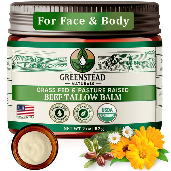 Greenstead Naturals Grass Fed Beef Tallow for Skin - USDA Organic, Unscented/Herb Infused with Jojoba Oil, Whipped Tallow Balm for Body, Beef Tallow Face Moisturizer with Cocoa Butter - 2 oz