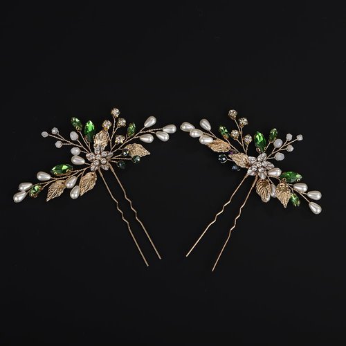 BERYUAN Vintage Flower Leaves Rhinestone Pearls Hair Pins Green Rhinestone Crystal Pearls Pins Green Rhinestone Beads Leaves Wedding Headband Bridal Hair Pins for Women Girls(2pcs) (green)
