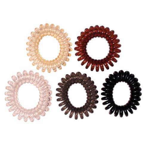 Mia Twist O's, Spiral Hair Ties, Coil Rubber Bands, Phone Cord Hair Elastics, In Zippered Storage Pouch, GENTLE On The Hair, Natural Colors Black, Charcoal Gray, Clear Gray, Brown, Cream 5pcs