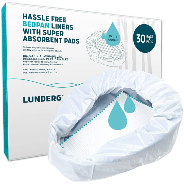 Lunderg Bedpan Liners with Super Absorbent Pads - Value Pack 30 Count - Medical Grade & Universal Fit - Bed Pans for Females, Elderly Men and Women - Make Life so Much Easier