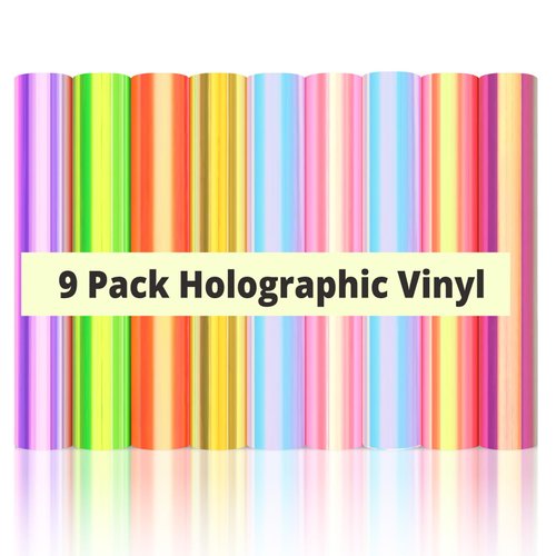 HTVRONT Holographic Vinyl Permanent - 9 Sheets Holographic Permanent Vinyl for Cricut, 9 Pack 12"x12" Holographic Adhesive Vinyl Bundle for Cricut, Easy to Use & Transfer Iridescent Vinyl Sheets