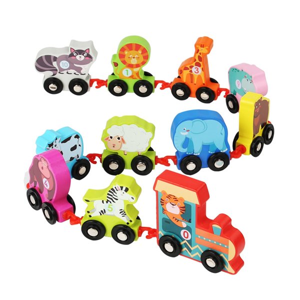 SAGUD Wooden Train Animals Toy Set Sensory Toys Farm Zoo Animals Train Accessories with 11pcs Flash Cards Educational Learning Toys for Toddlers Kids Boys Girls Age 3 4 5 6 7 Years Old