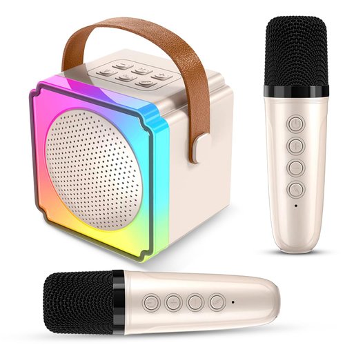 Mini Karaoke Machine for Kids,Bluetooth Light Up Speaker with 2 Portable Microphones Wireless,Kids Karaoke Machine Toys Gifts for Girls Toddler Home Party Gifts for Birthday Christmas (Beige 2 Mics)