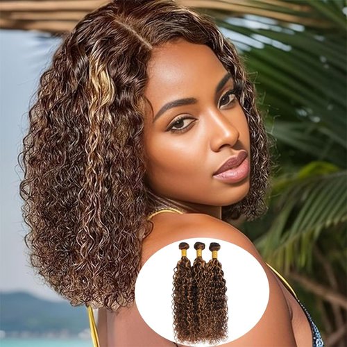 Water Wave Human Hair Bundles Ombre Honey Blonde Curly Bundles, Glossy & Shed-free P4/27 Highlighted Wet And Wavy Human Hair Bundles Weave Brown Piano Color 10A 100% Virgin Hair Single Bundle 14 Inch